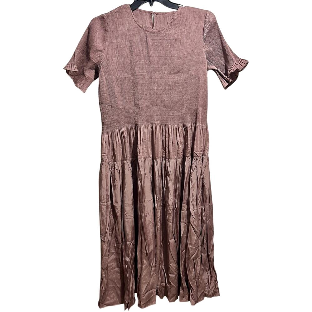 Buykud Mauve Textured Dress Size L Pink Ruffle Layered Short Sleeve (B1)